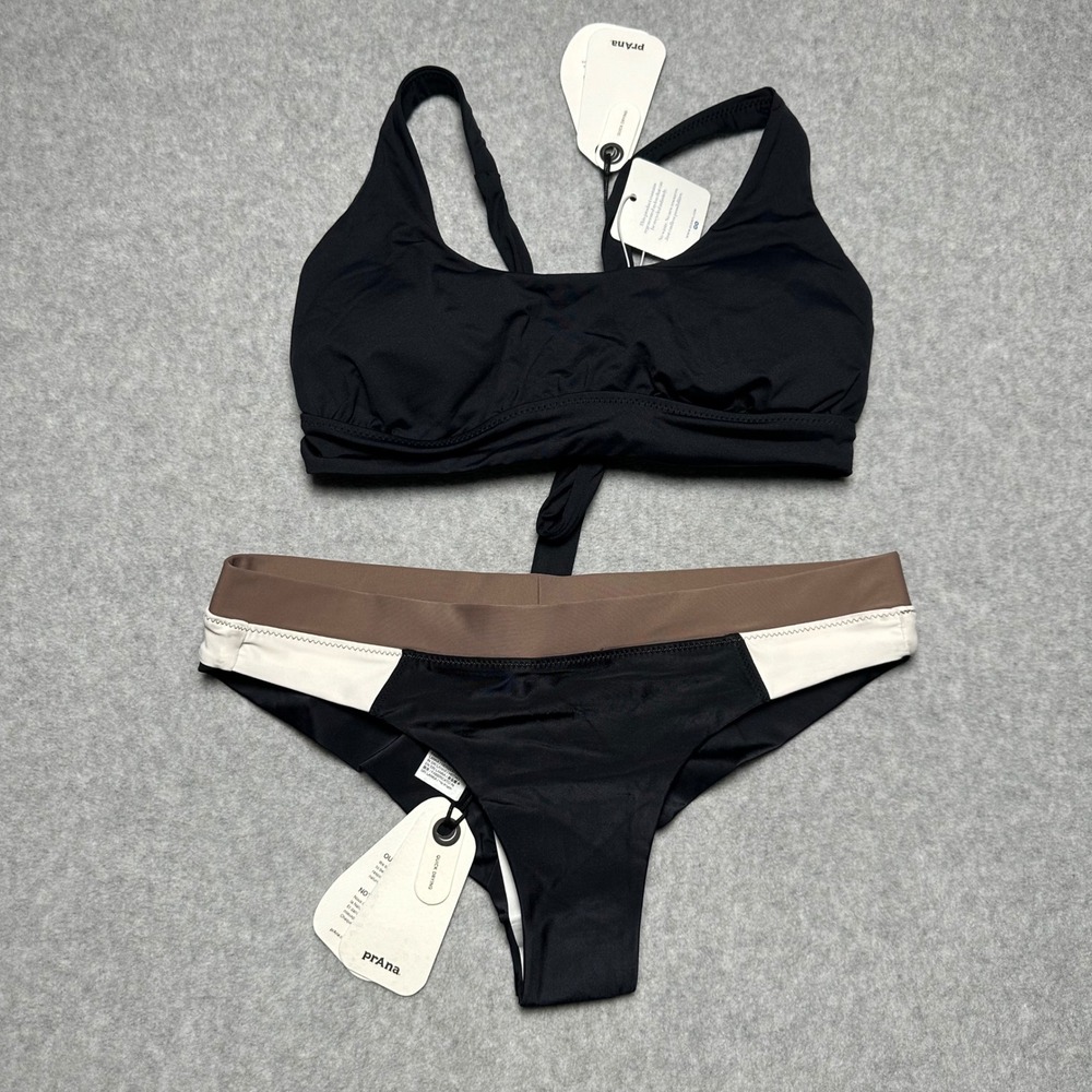 Prana Mallorca Top and Baja Bound Cheeky Bottom Bikini Set Black Carob Small